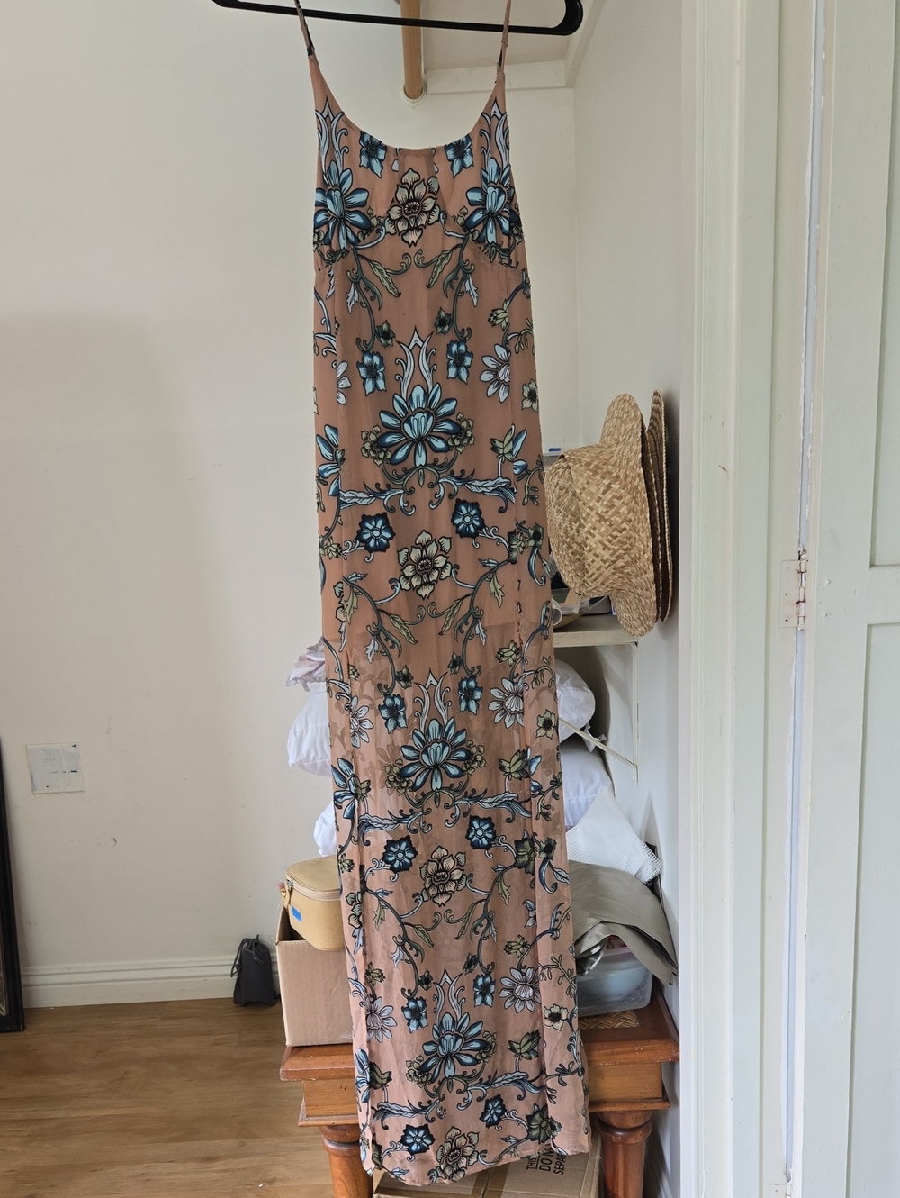 For Love & Lemons Peach Maxi Slip Dress with Blue Floral Print